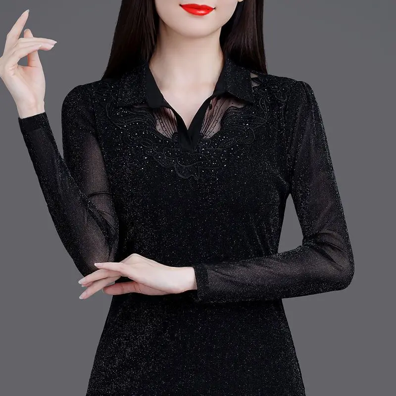 Elegant Net Yarn Patchwork Bottoming Shirt Spring Autumn Long Sleeve Polo Neck Thin Solid Tops Vintage Fashion Women Clothing