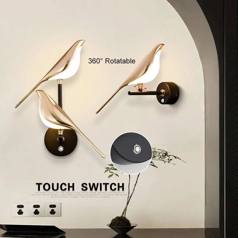 

Indoor Magpie Bird Touch ON/OFF Switch LED Wall Lights for Bedroom Gold Silver 360° RotatableED Wall Lamps Wall Sconce AC85-265V