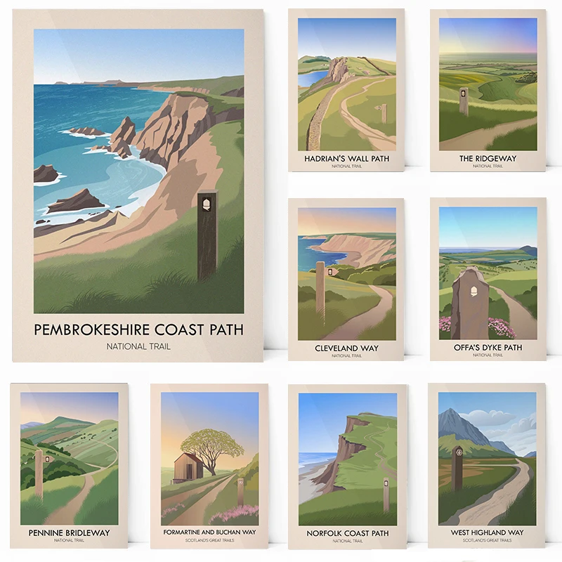 UK Walking Trails Poster Causeway Coast Pennine Bridleway Borders Abbeys Way Canvas Painting Hiking Wall Art Picture Home Decor