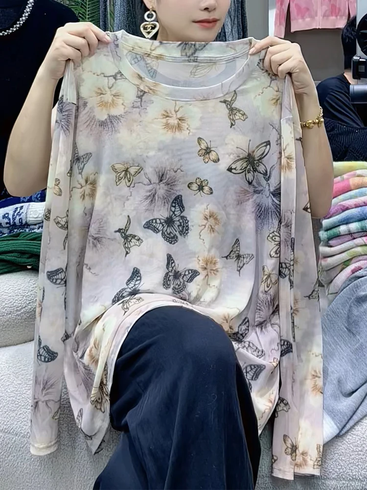 

Модная футболка больших размеров с принтом, облегающая, удлиненная, до плеч, весна-лето, в корейском стиле, для женщин больших размеров...