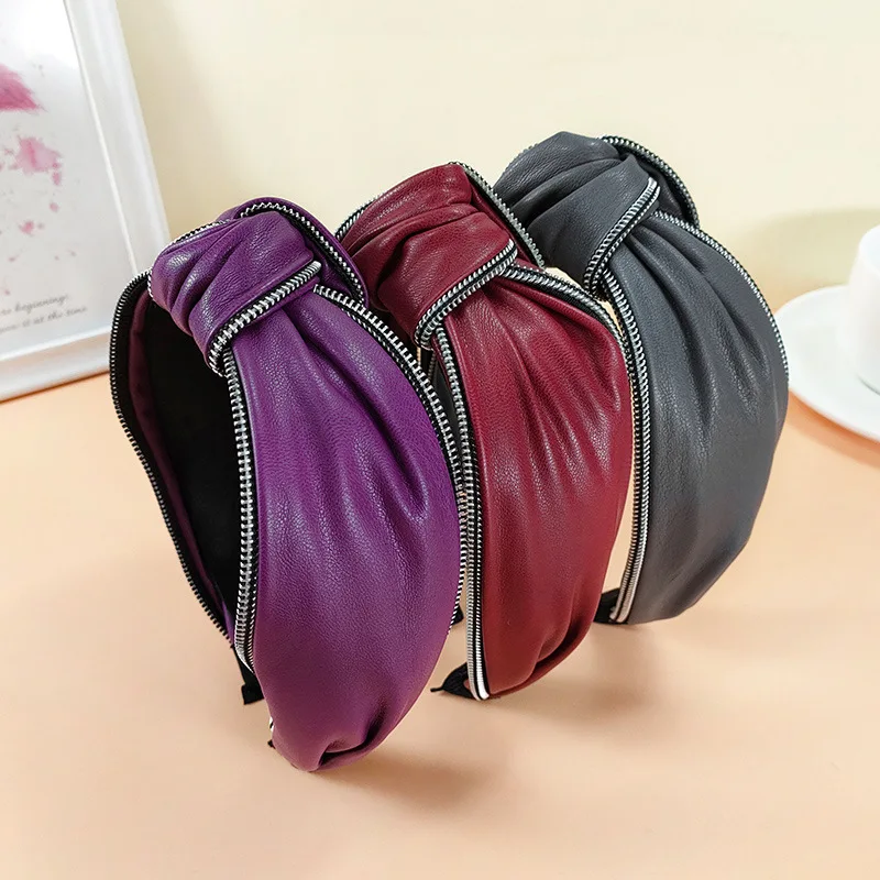 Black PU Hairband with Zipper Chain Decorated Women Hair Accessories Top Quality Headdress Wide Head Band Adults Headband