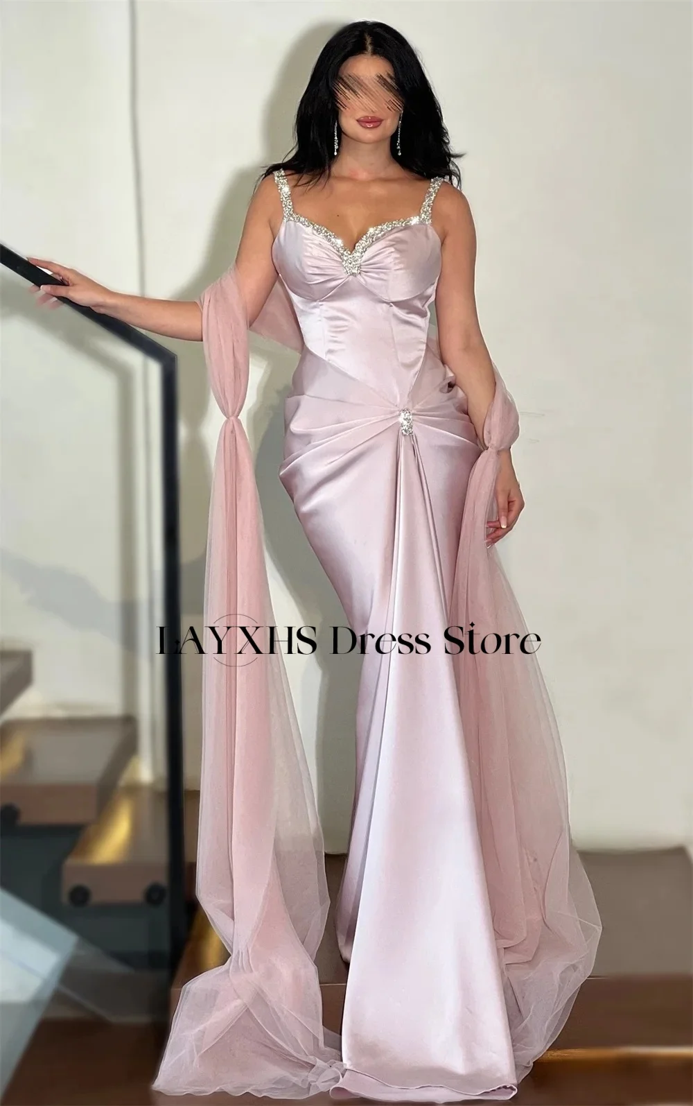 LAYXHS Splendidi abiti da sera con spalline sottili Abiti da ballo con pieghe in rilievo con sirena rosa Abiti personalizzati