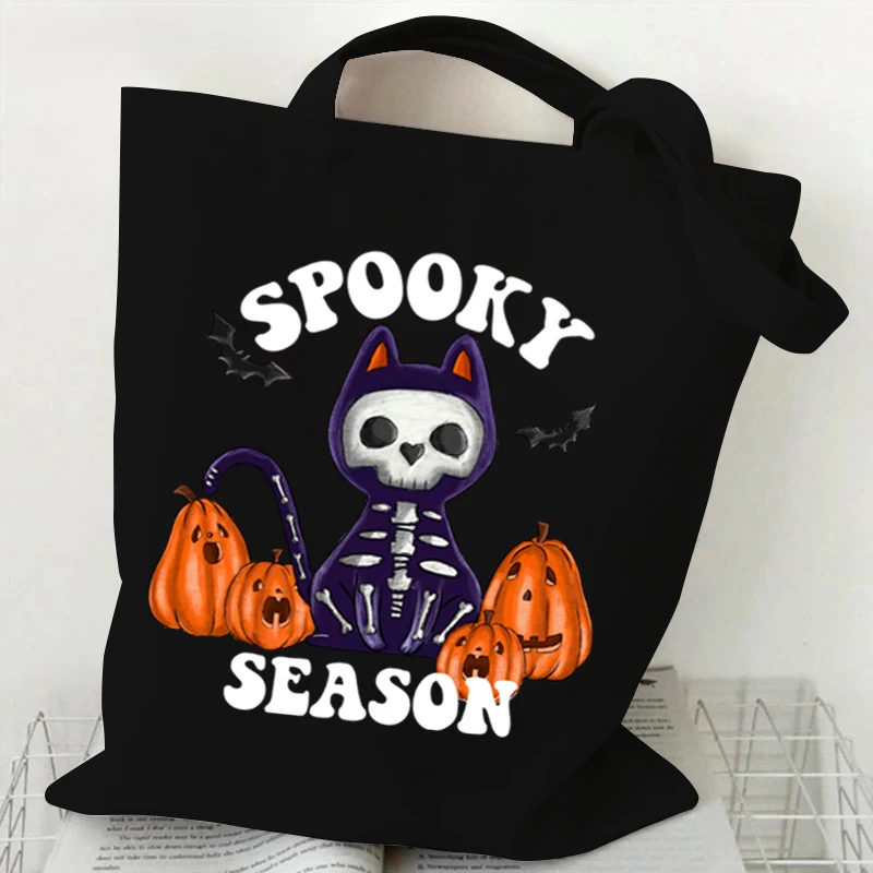 Gothic Skull Cat Pattern Tote Bag Women Spooky Season Shopping Bag Halloween Animal Kitten Canvas Shoulder Bag Unisex Handbags