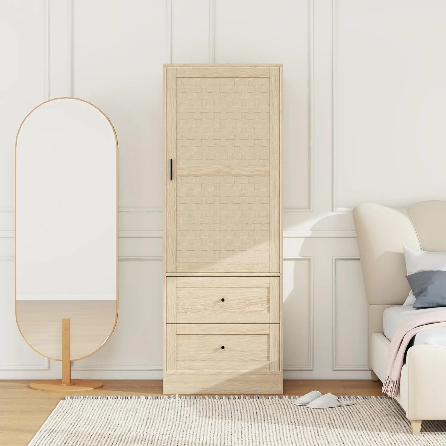 Rattan Armoire Wardrobe Closet - Clothing Storage Tall Cabinet With 1 Woven Door 2 Drawers, 65