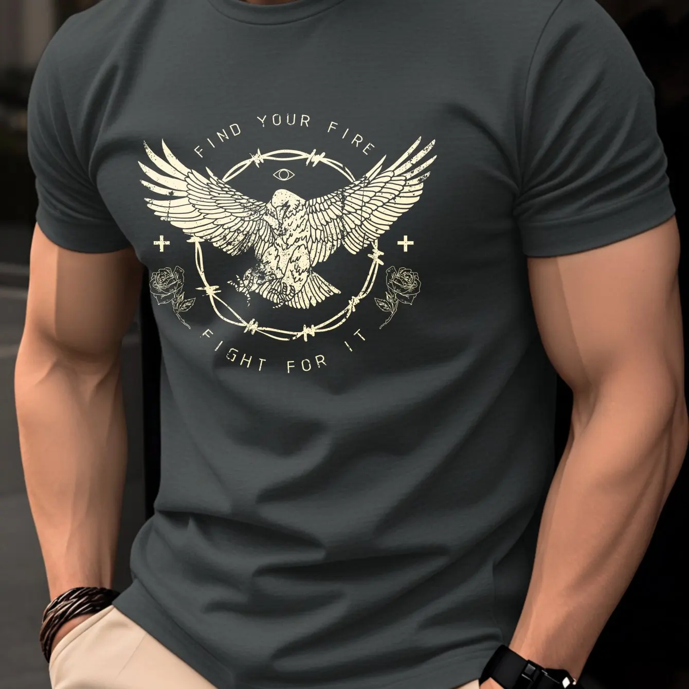 Men Red O-NeckT-Shirt Vintage Eagle Print