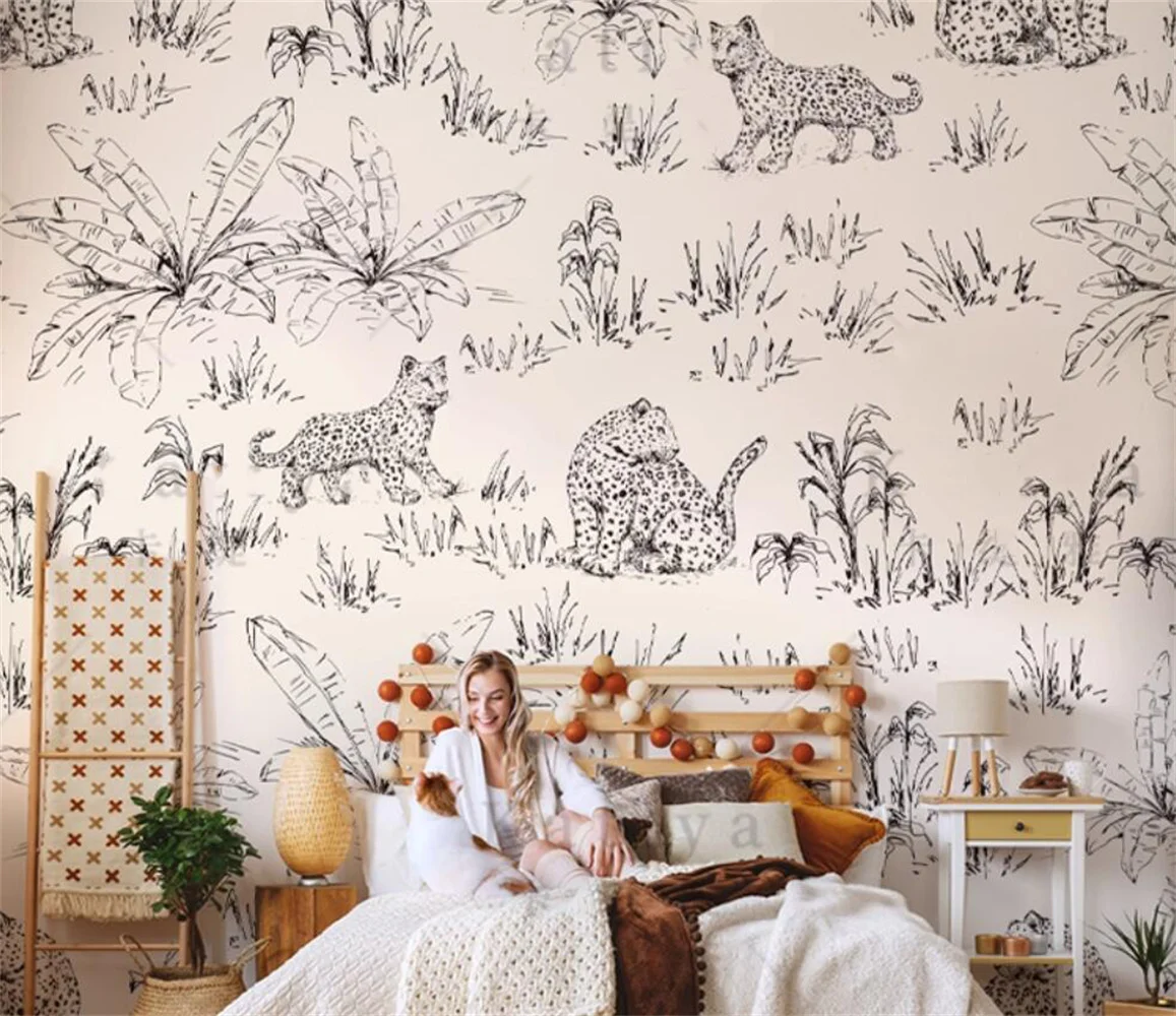 New American hand drawn animal bedroom wall paper French TV background wall bedroom wallpaper mural