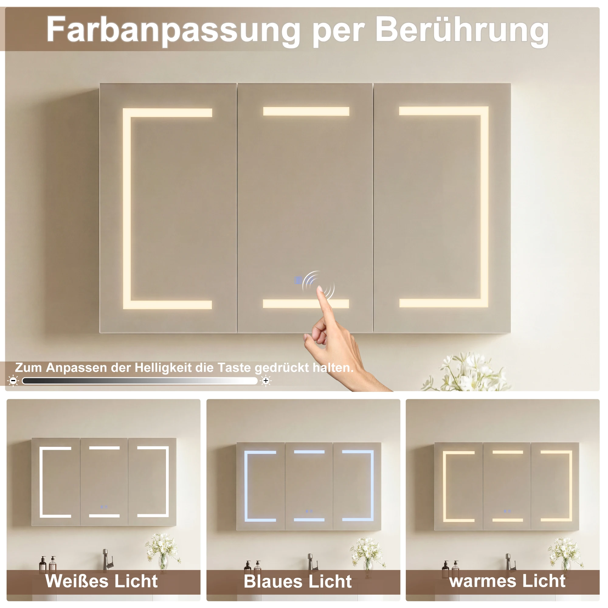 Comanlai Badezimmerschrank mit Spiegel und LED, Antibeschlag-Funktion, USB & Steckdose, 3-türiger Wandmontierter Aufbewahrungsschrank mit Verstellbaren Regalen, Touch-Control Beleuchteter