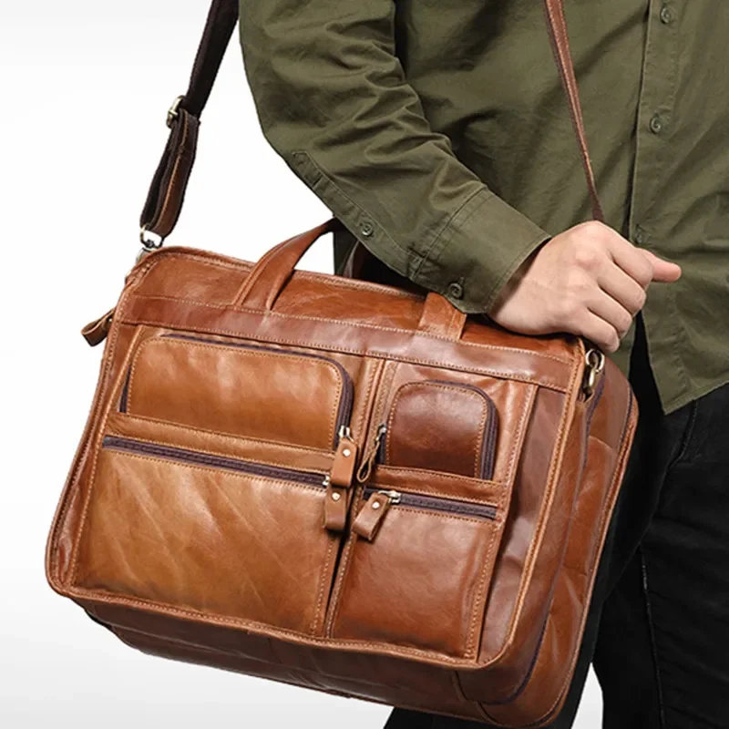 Maletín de cuero genuino para hombre, de gran capacidad bolso de viaje, informal, de piel de vaca, bandolera para ordenador portátil de 15,6 pulgadas