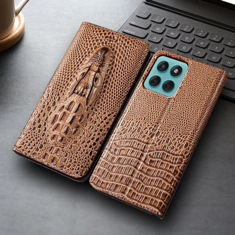 

Crocodile Head Genuine Leather Flip Case For Moto Edge 30 40 50 60 60S Pro Neo Fusion Ultra Phone Cover Cases Fall prevention