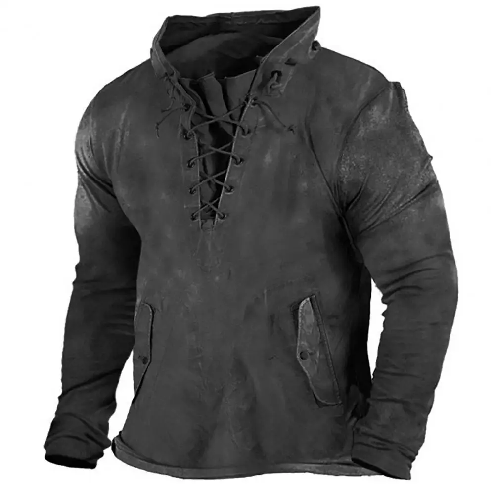 Cross Lace-up Drawstring Men Hoodie Autumn Winter Training T-shirt Sweatshirt Retro Pure Color Loose Pullover Men Sweatshirt - Image 3