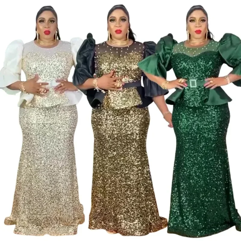 

Sequin Dashiki African Dresses for Women Autumn African Short Sleeve Polyester Party Evening Wedding Long Maxi Christmas Dress