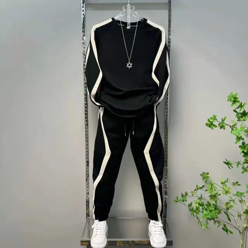 

Spring and Autumn New Striped Spliced Round Neck Sweater Sleeper Two-Piece Set Men's Trendy Loose Sports Casual