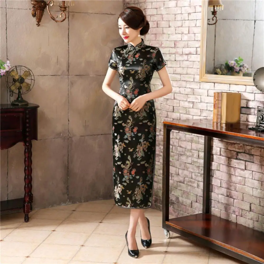 hinese Qipao Cheongsam Dragon Phoenix Print Chinese Traditional Dress Cheongsam Side Slitting Hem Midi Dress Women Cheongsam