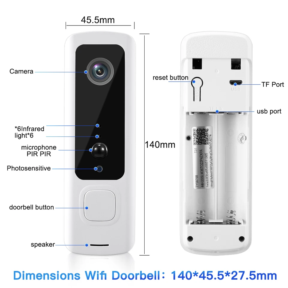 Timbre con cámara de seguridad para el hogar, sistema de intercomunicación con WIFI, alarma PIR, timbre de puerta con visión nocturna inteligente