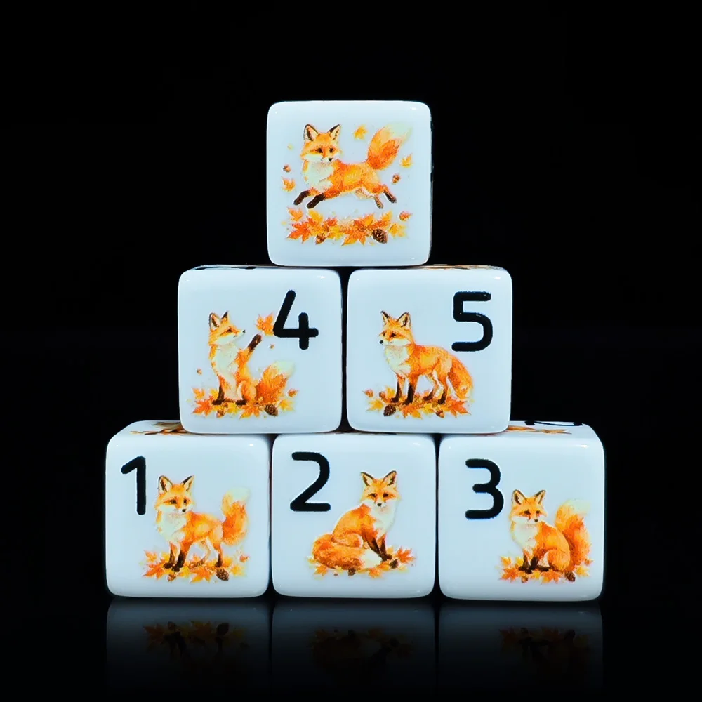 12Pcs 16MM Acrylic Printed D6 Dice Autumn Fox Maple Leaf Pattern 6-Sided Square DND Dice Tabletop RPG Board Game Party Accessori