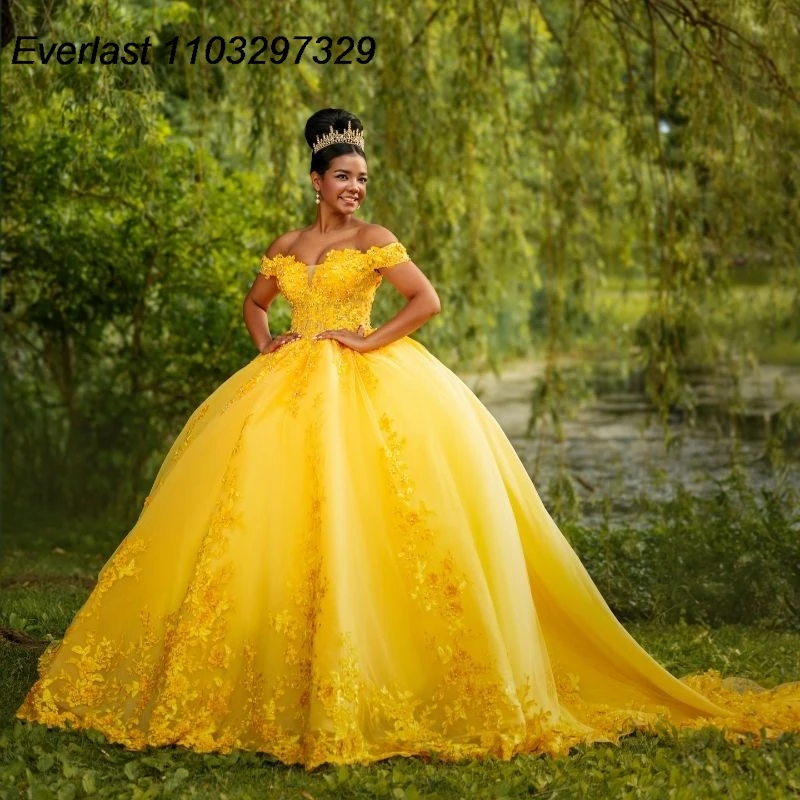 EVLAST gaun dansa putri Quinceanera kuning renda mengkilap Applique manik-manik korset Meksiko manis 16 Vestido De 15 Anos QD1041