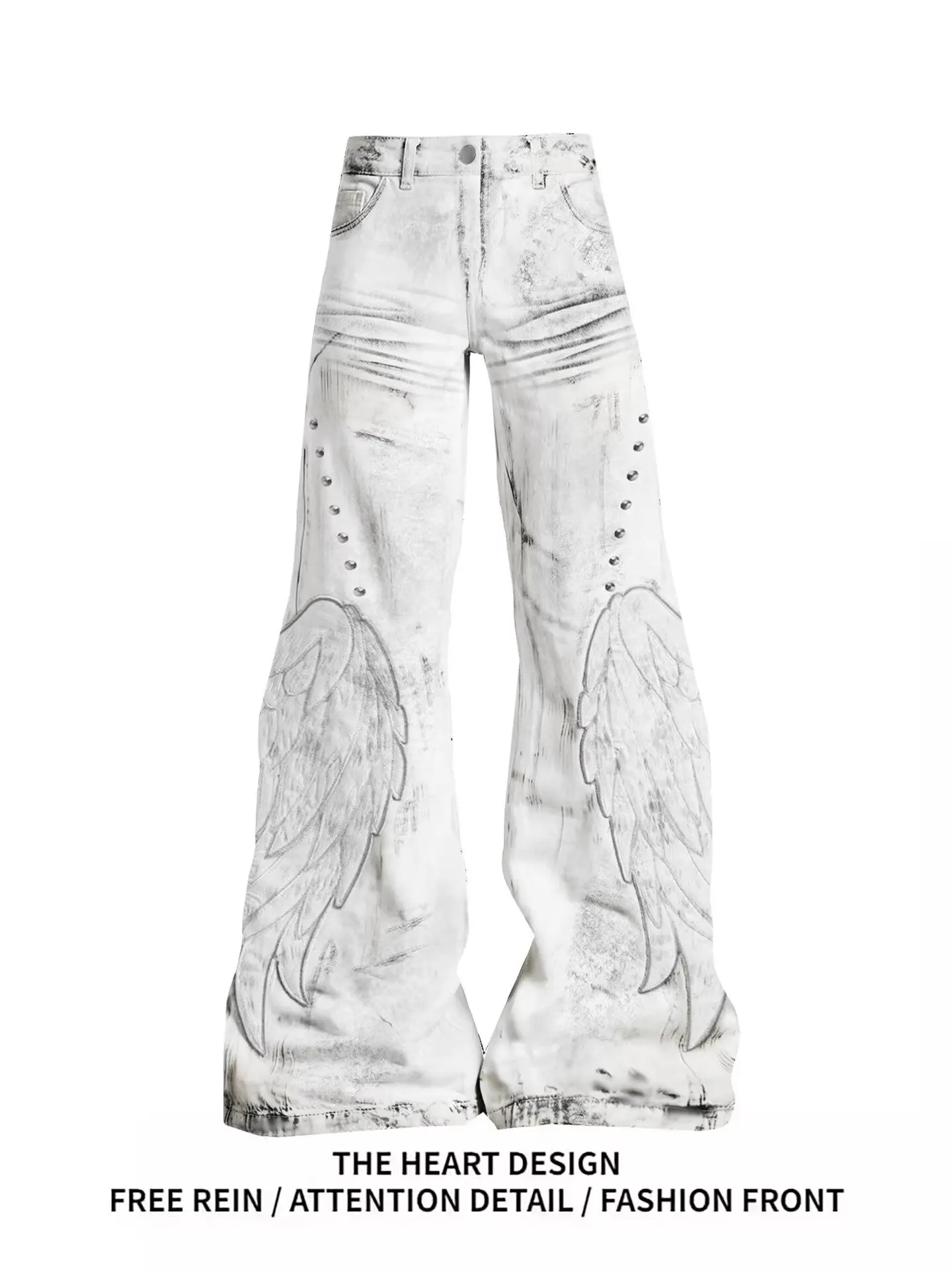 

Retro American Wings Patchwork Bell Bottom Jeans Women's Spring Punk Sub-Pants Slim Fit Bell Pants Long Pants High Waist