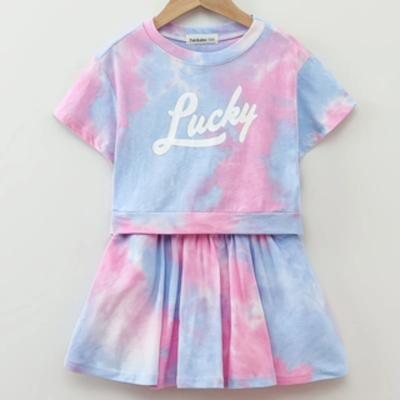 Trendy Girls Clothes Summer Tie Dye Printing Outfit Teenage Girl Colorful Top & Skirt 2 Pieces Set Tracksuit Girls Dopamine Wear