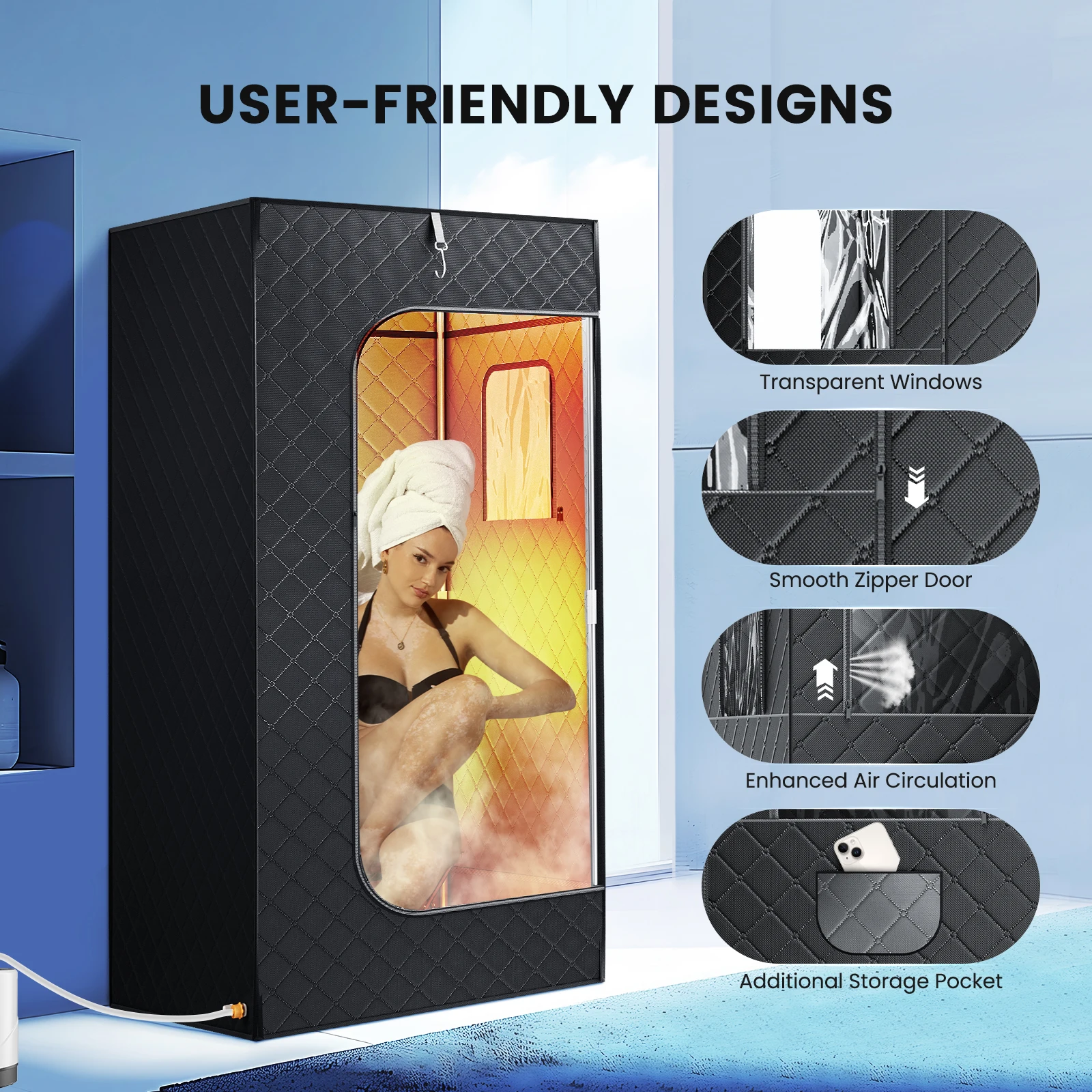 2.6L Portable Steam Sauna Tent 9 Heat Levels Home Sauna with Folding Chair Remote Control 180x80x80cm for Personal Spa