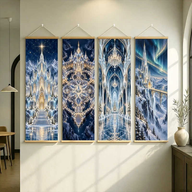 Ice Palace Hanging Scroll with Ornate Blue and Silver Spires in a Luminous Winter Fantasy Style for a Quiet Bedroom Retreat