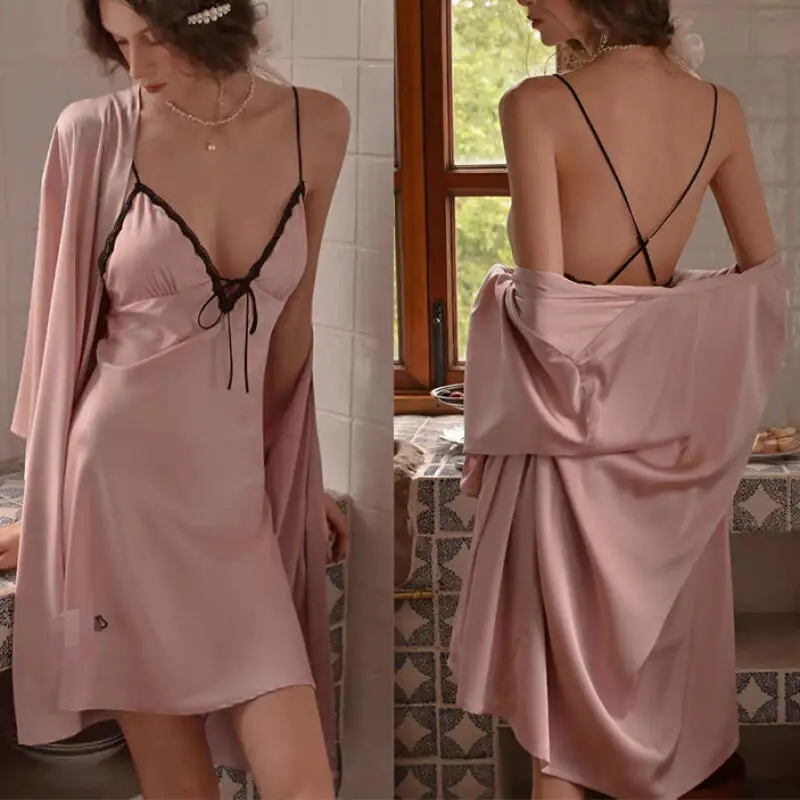 

2026 Bride Bridesmaid Wedding Robe Sexy Women Kimono Gown Lace Nightwear Satin Sleepwear Bathrobe Gown Backless Home Clothes
