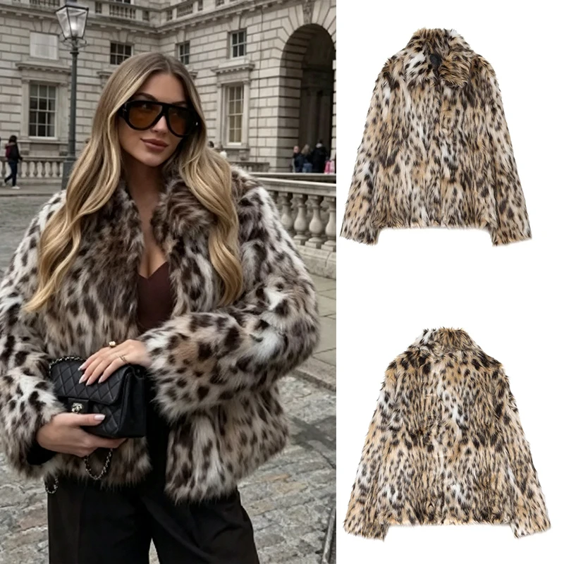 Guobioziy Ladies' 2026 Autumn and Winter Leopard Print Faux Fur Short Jacket High Collar Loose Fit Slimming Artificial Long Hair