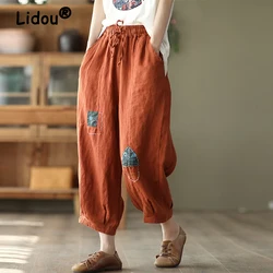 Women Vintage Ethnic Style Patches Baggy Comfortable Cotton Linen Harem Pants Summer Female Simple Casual Loose Cropped Trousers