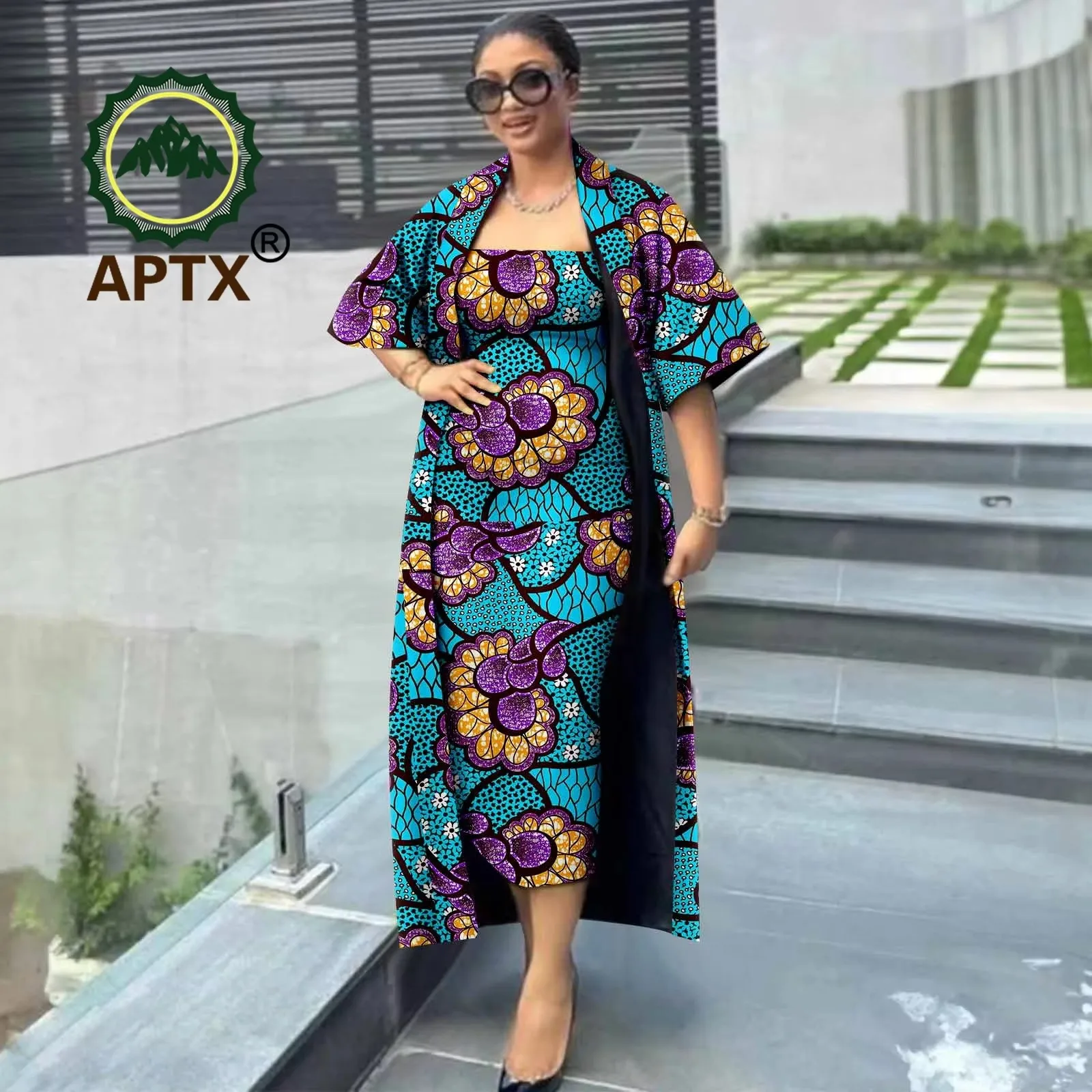 African Outfits for Women Ankara Print Long Short Sleeve Jacket Coat and Long Dresses 2 Piece Set Dashiki Women Suits 2426002