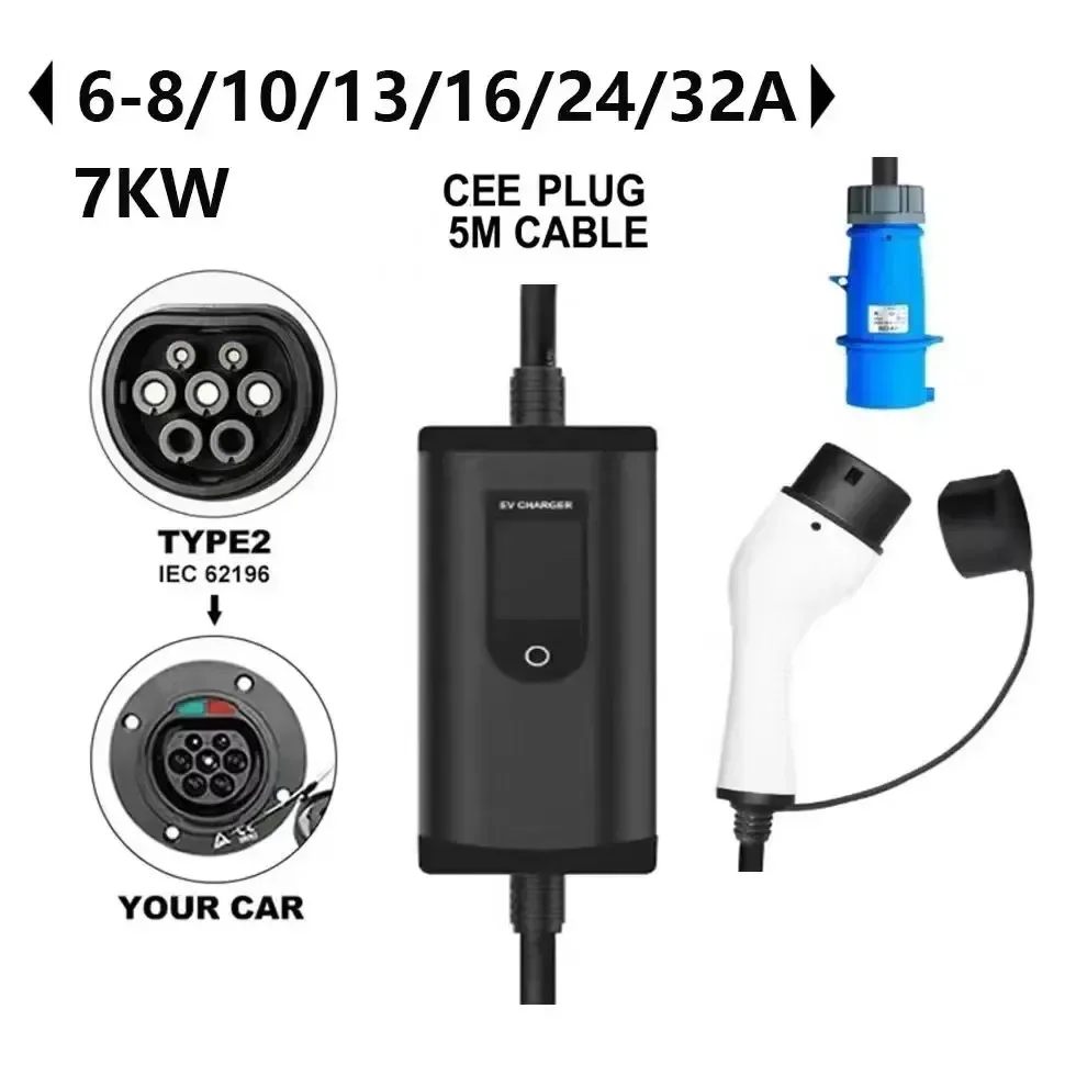 Evthsla-cargador portátil para vehículo eléctrico, caja de carga EVSE, 32A, 7KW, Tipo 2 EV, 1 fase, Cable de 5M, enchufe CEE