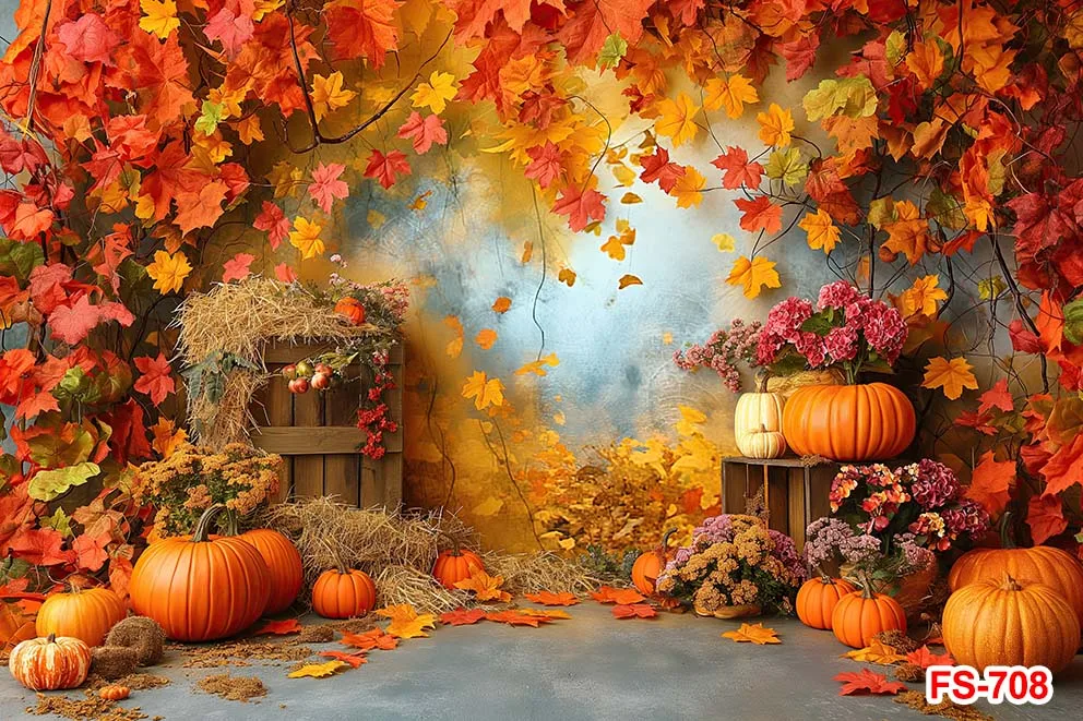 Autumn Theme Backdrops Fall Maple Leaves Thanksgiving Pumpkin Harvest Hay Barn Background Baby Shower Banner Supplies Photobooth