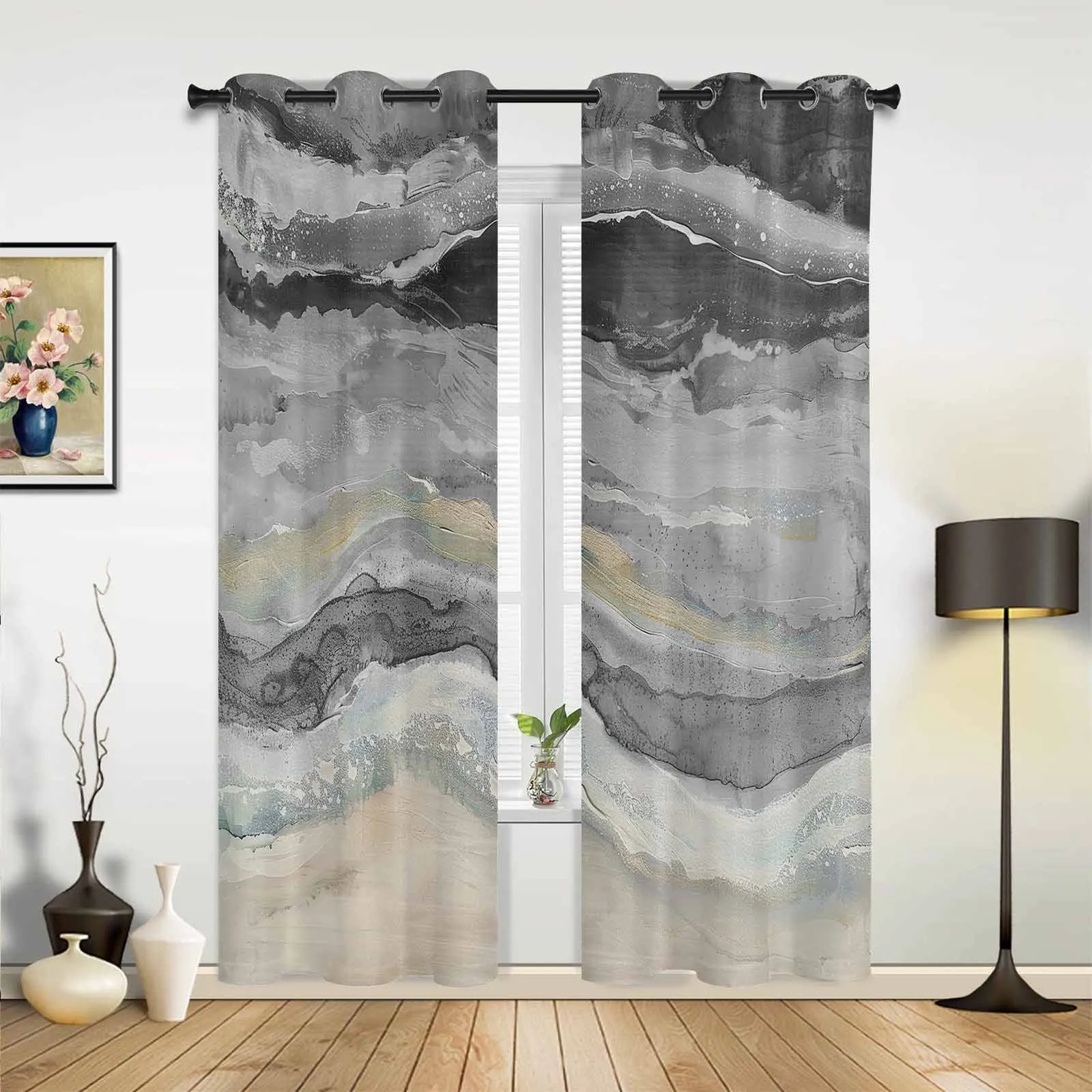 Ocean Waves And Beach Gradient Abstract Gray Window Window Curtains Living Room Bathroom Bedroom Decor Kids Window Treatment