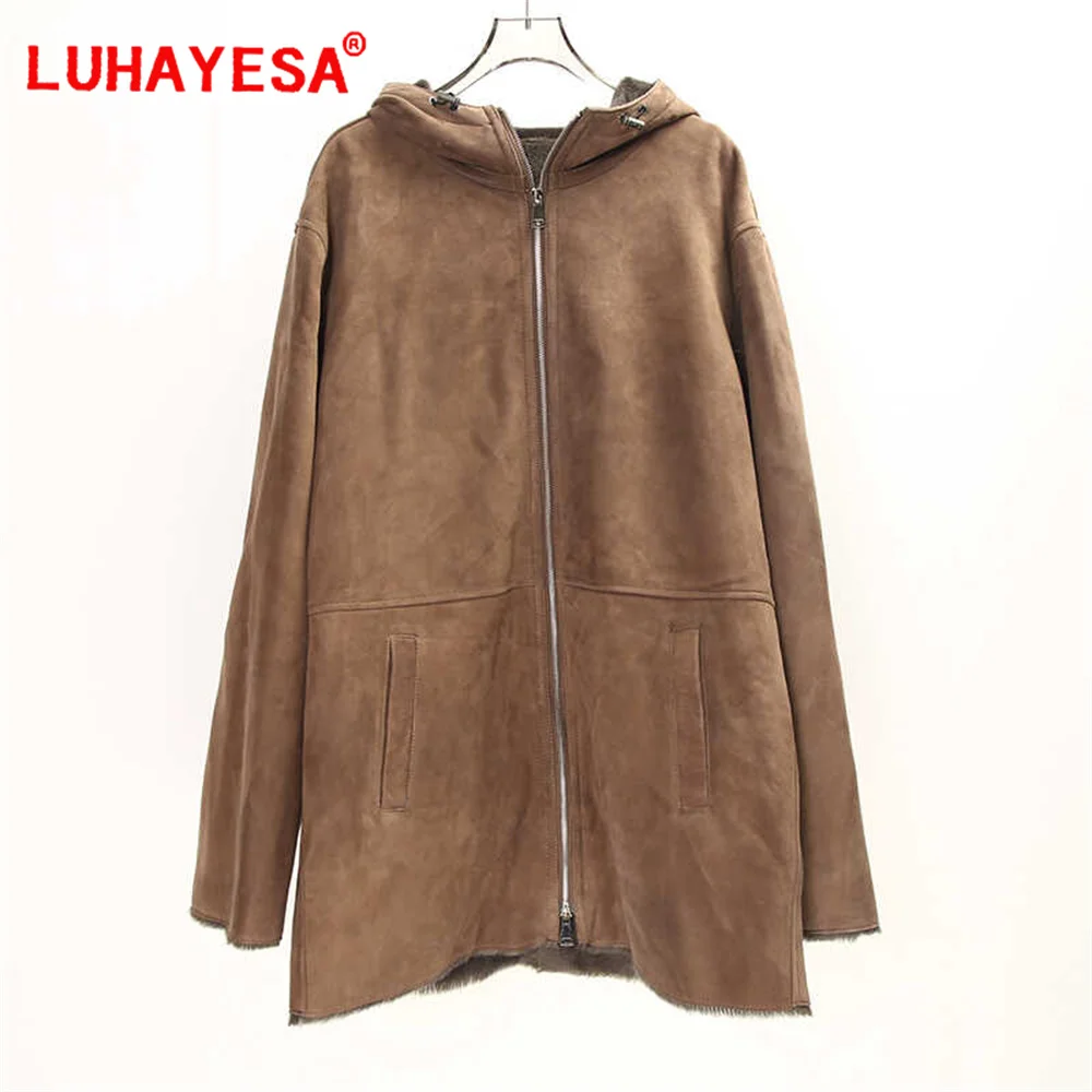 2024 Australia Merino Sheepskin Shearling Fur Coat Women Hooded Medium Long Casual Real Fur Outerwear