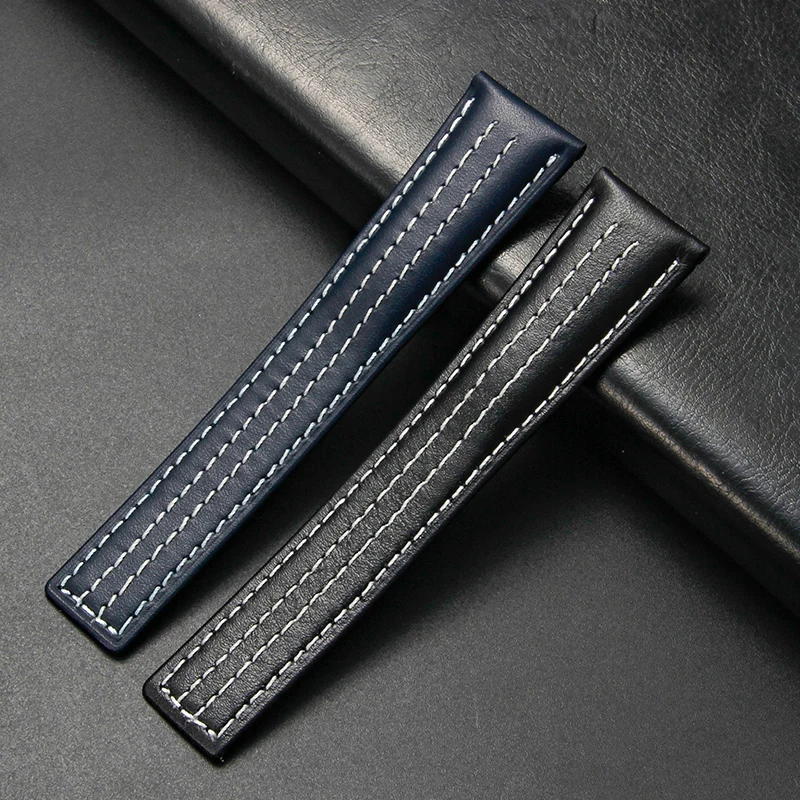 حزام ساعة من جلد البقر الأصلي عالي الجودة لسلسلة تاغ هوير ناعم ومريح مقاوم للماء مقاس 22 ملم باللون الأسود والأزرق