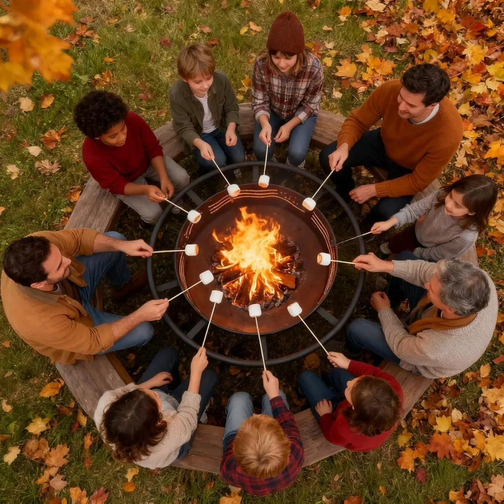 حفرة نار دائرية بعلم أمريكي مقاس 38 بوصة مع غطاء شبكي وبوكر، حفرة نار لحرق الخشب في الهواء الطلق والحديقة في الفناء الخلفي #6