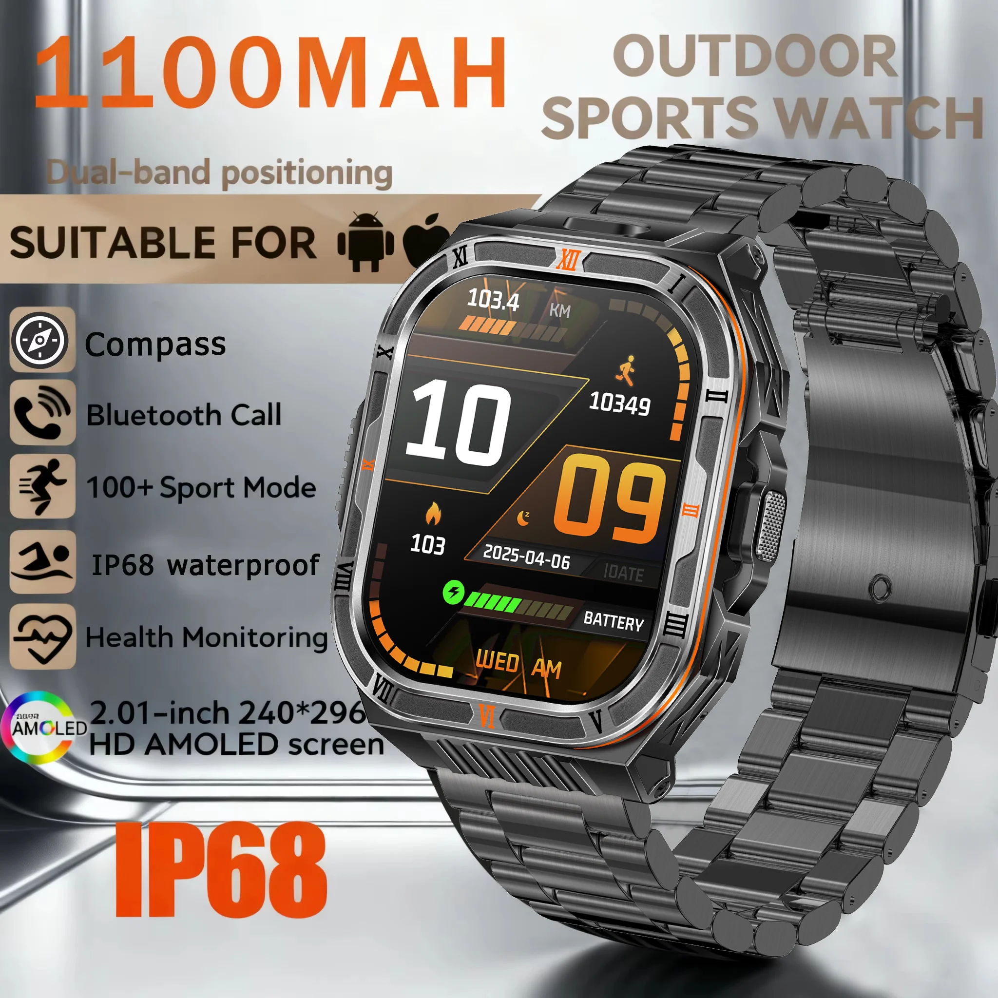 

2025 NEW 1100mAh Super Long life Sport Smart Watch Men 2.01”AMOLED Screen GPS track Compass 10ATM Waterproof Voice Call Watches