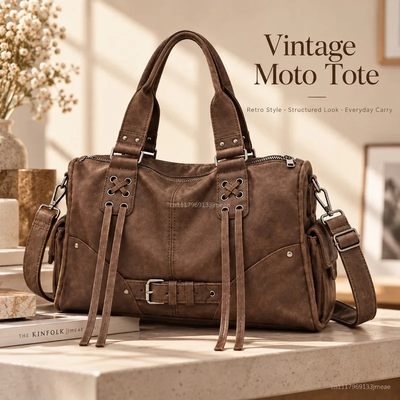 Vintage Biker Tote Bag for Women, Large Capacity Multi Pocket Shoulder Crossbody Handbag, Casual Commuter Work Travel Daily Purs