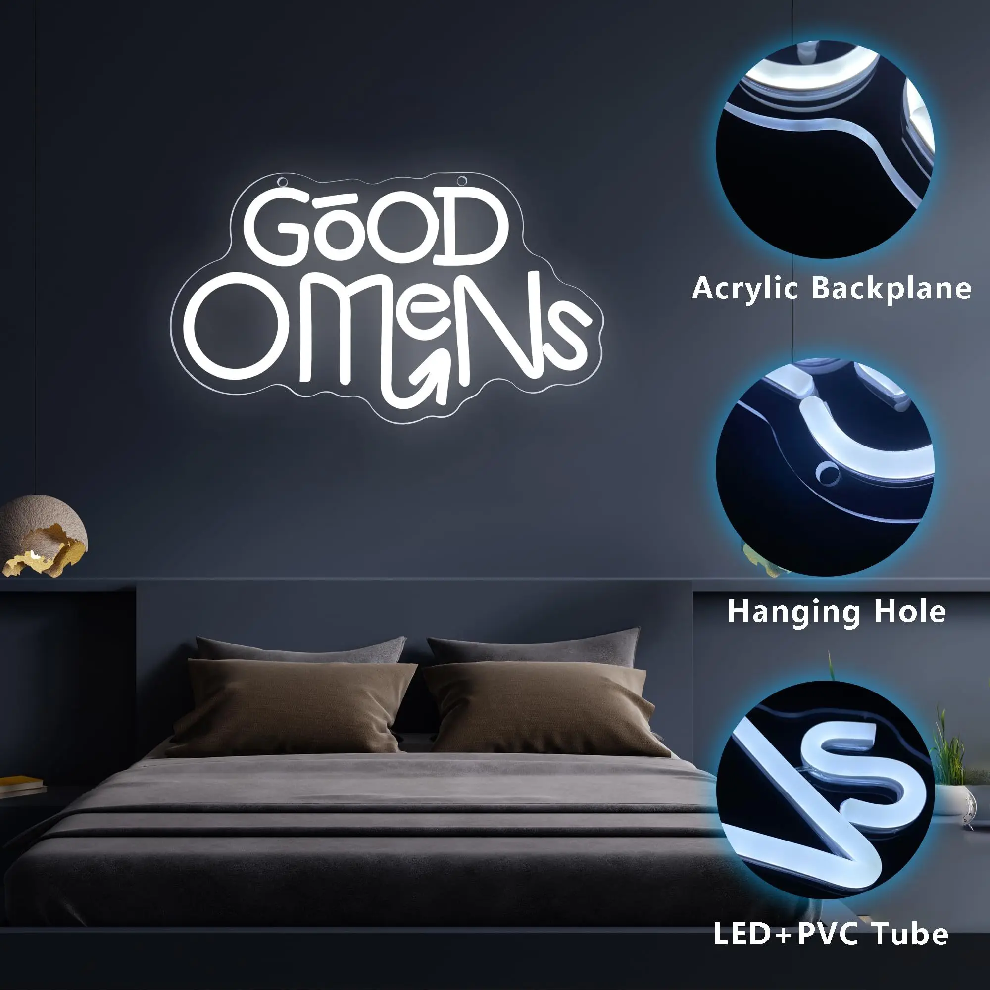GOOD OMENS LED Neon - Transparent acrylic design, USB powered dimmable LED neon, suitable for study, cafe, party wall decoration