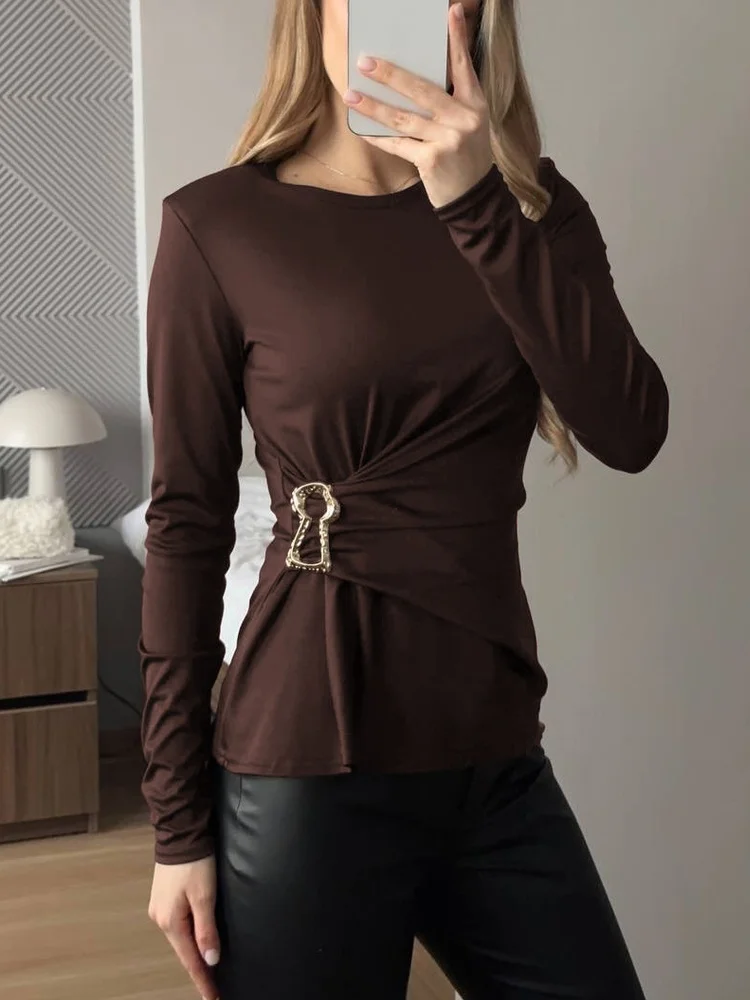 3 colors Side Ruched Long Sleeve Top Round Neck Irregular Hem Slim Fit Office Workwear Daily Metal Ring Stretchy Women Solid Top