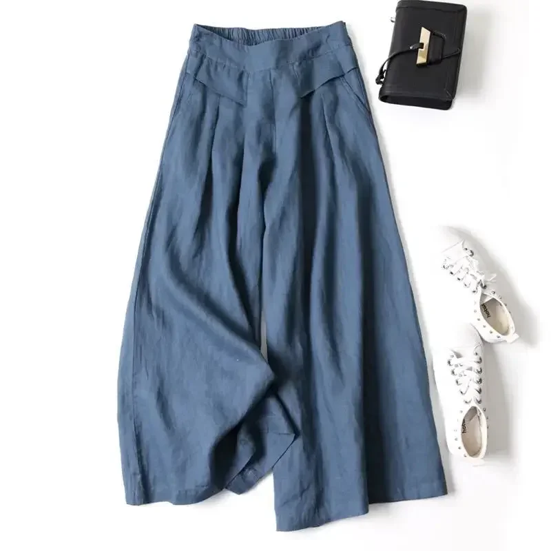 

Summer Pants for Women Cotton Linen Large Size Wide Leg Pants Femme Arts Style Elastic Waist Solid Casual Loose Pantalon