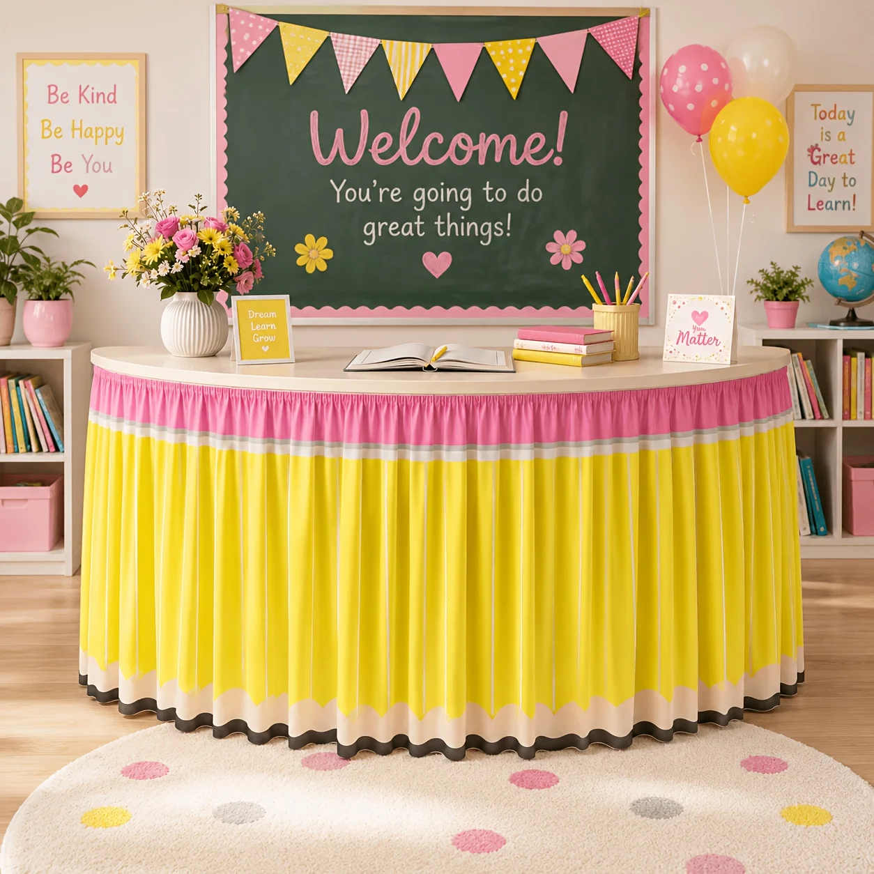 1PC Ba To School Pencil Table Skirt, school stationery theme, yellow pencil pattern and pink top design