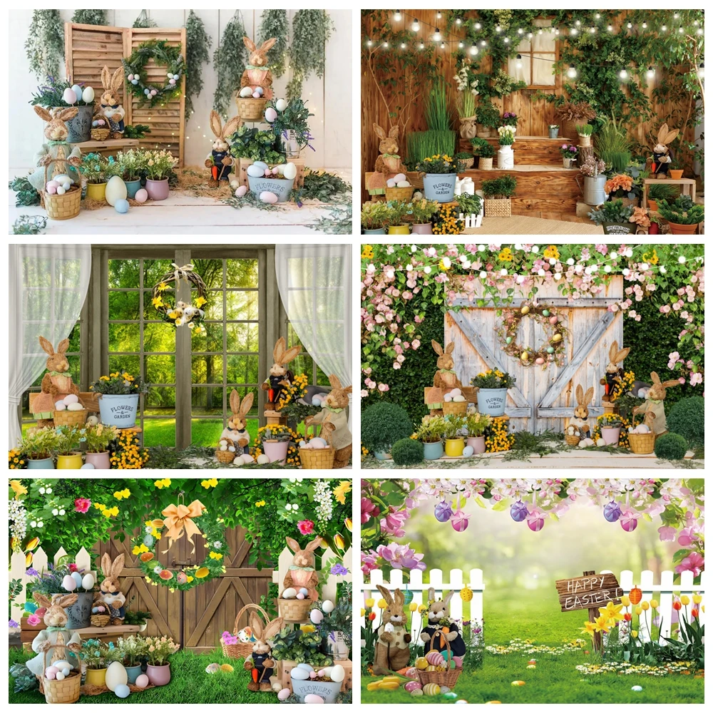 

Spring Easter Photography Backdrop Bunny Flower Egg Floral Garden Rabbit Happy Easter Baby Birtday Party Background Photo Studio