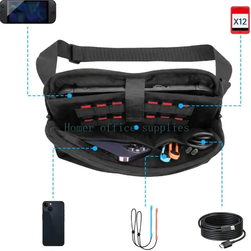K43B Card Holder Travel Bag for NS2 Handheld Game Devices, Crossbody Shoulder Case with Front Pocket, Black Finish and Broad