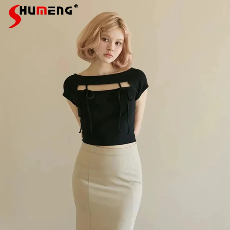 

Japanese Style Sweet Girl's Hollow Out Short-sleeved Top Summer Women's Slim Cute Lace-up Short T-shirt, Lady Daily Basic Tees