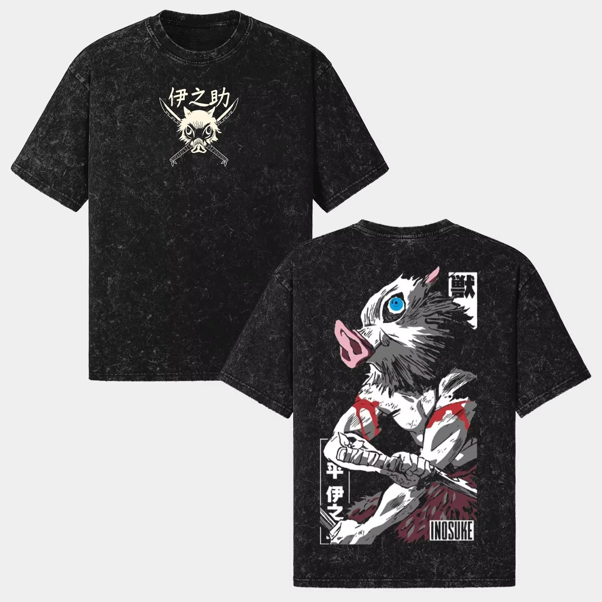 2026 Inosuke Demon Slayer Anime Bedrucktes T-Shirt für Herren und Damen, gewaschenes T-Shirt, hochwertiges Vintage Baumwoll-T-Shirt, Y2K Oberteile