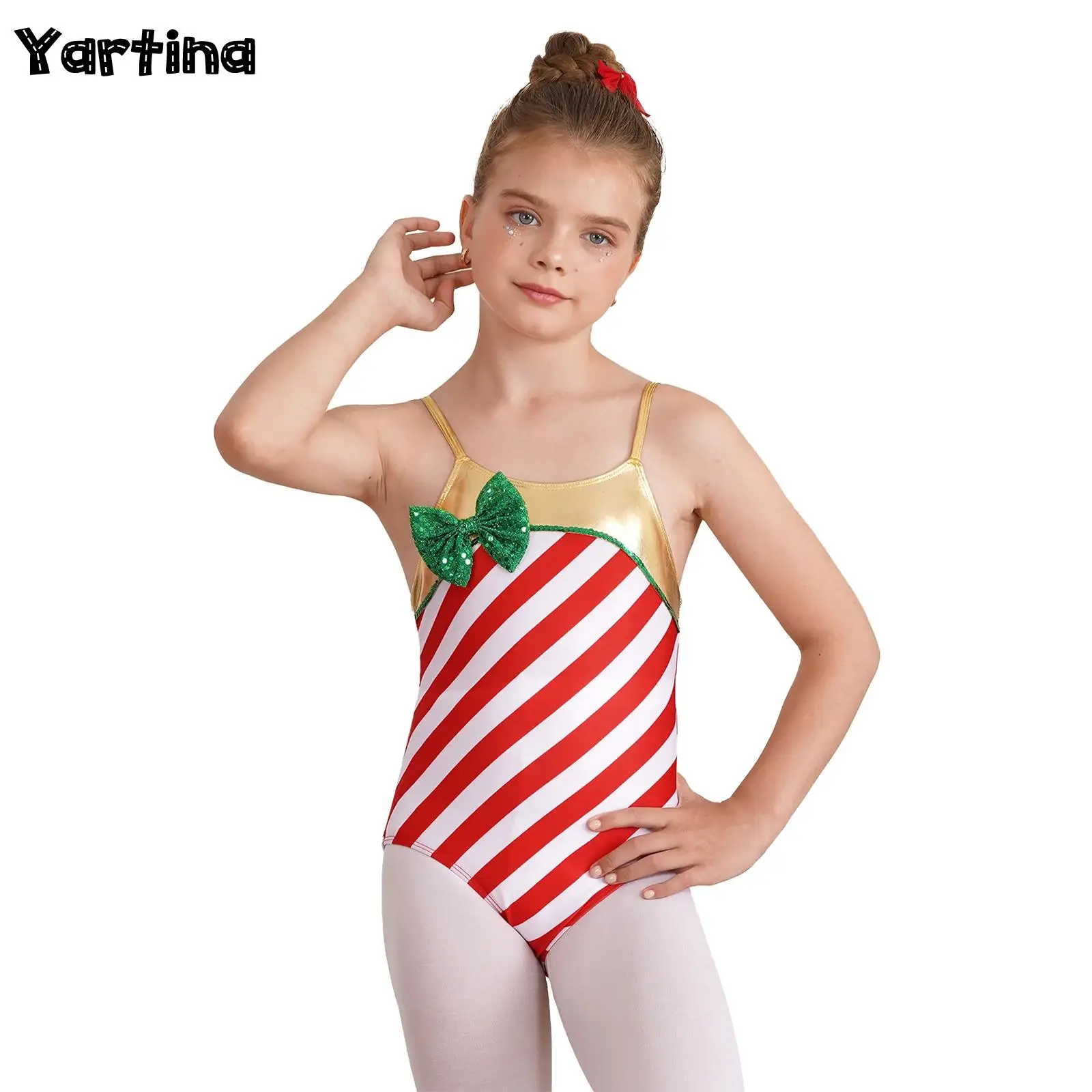 

Kids Girls Xmas Candy Cane Stripes Christmas Cosplay Costume Metallic Gymnastic Leotards Ballet Dance Biketard Bodysuit Jumpsuit