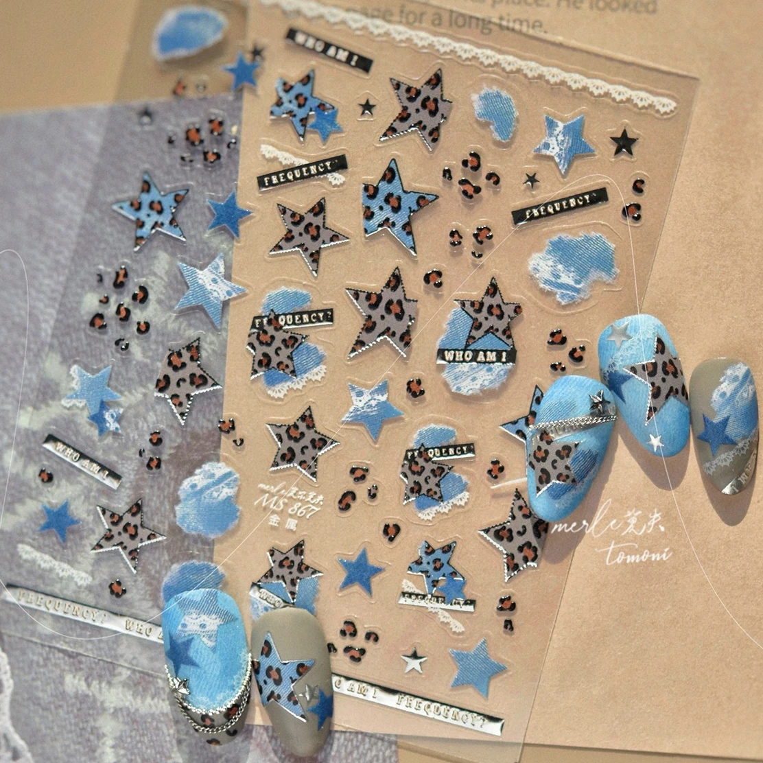 Estampado de leopardo tela vaquera azul pentagrama estrella lunares Bowknot amor corazón Y2K Punk encanto DIY pegatinas para decoración de uñas calcomanías de manicura