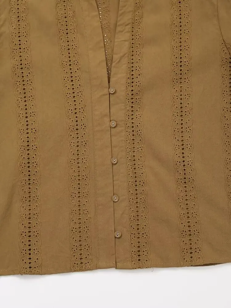 Dave & Di Frans Minimalistisch Shirt Met Effen Kleur Borduurwerk V-Hals Blouse Met Lange Mouwen Vrouwen 2024 Herfst Tops