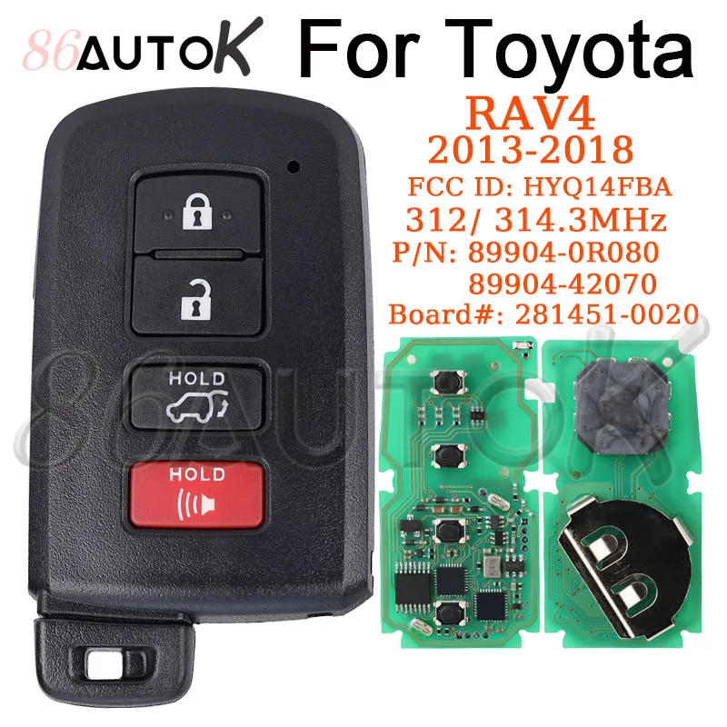 Remote Car Key Fob for Toyota RAV4 2013-2018 281451-0020 G Board 312MHz / 314.3MHz HYQ14FBA Keyless Go 4 Buttons Key Housing