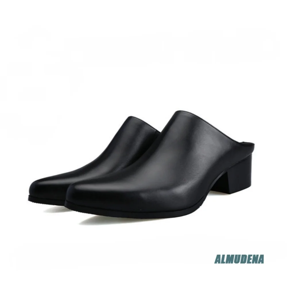 Genuine Leather Fashion Men's Backless Slip On Mule Shoes Mid Block Heel Trendy Versatile Pointed Toe Casual Daily Dress Shoes
