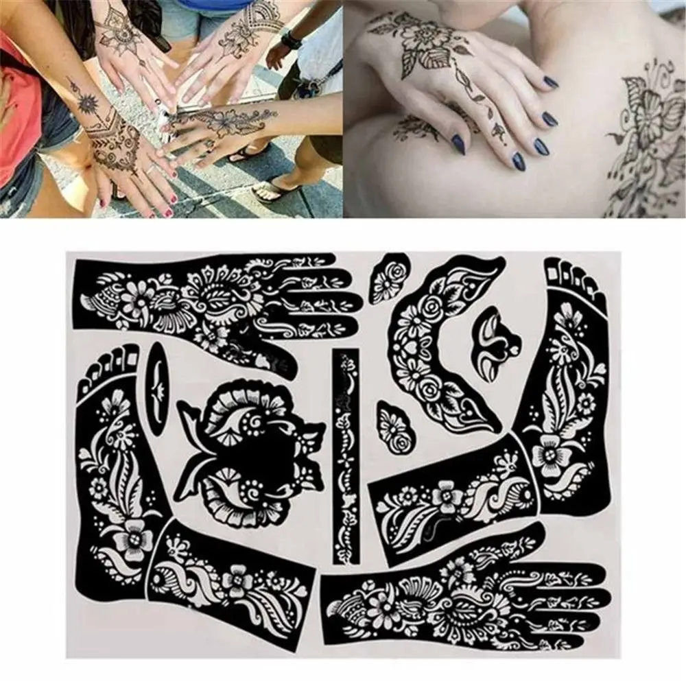 Plantillas de tatuaje con aerógrafo, calcomanía temporal, plantilla de arte corporal, Kit de Henna de la India, dibujo hueco, pies, brazo, pierna, 1 hoja